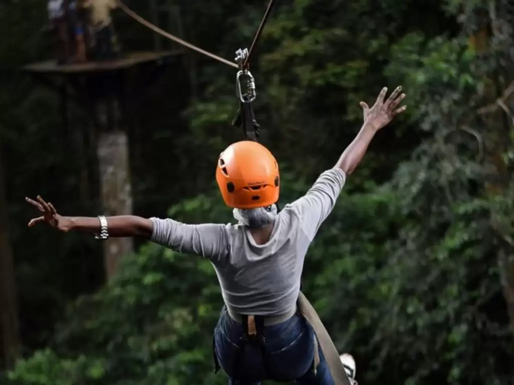 Experience the thrill of ziplining through Uganda's lush forests with this adventurous capture.